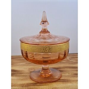 Vtg Tiffin Rambling Rose Pink Gold Encrusted Optic Apothecary 5x7" Candy Jar Lid